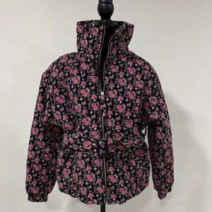Tach Floral Women's Puffer Jacket - Black and Pink